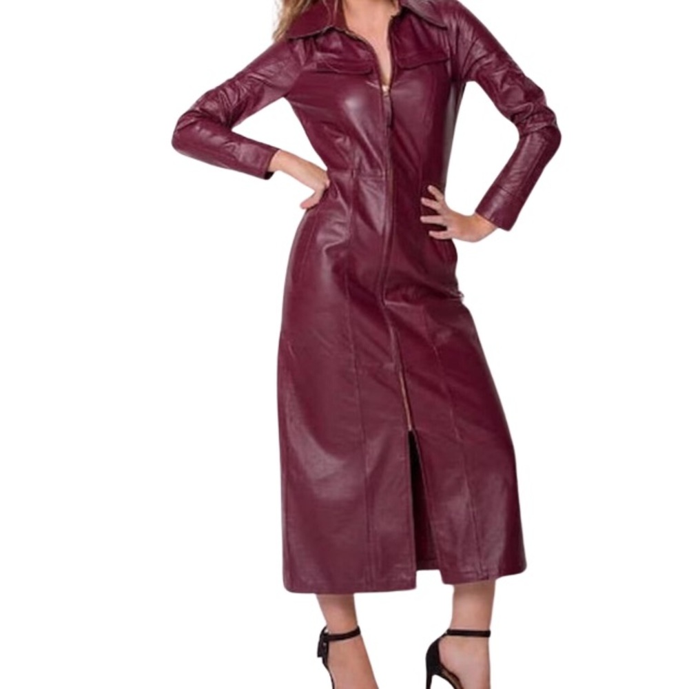 Zip-Front Leather Midi Coat/Dress in Burgundy Size L NWOT